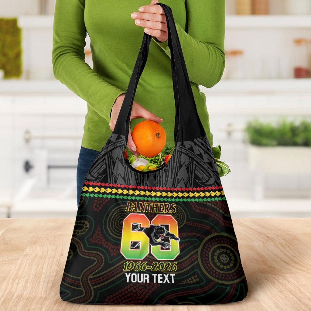 Penrith Panthers Rugby Custom Grocery Bag 60 Years Anniversary Black Polynesian Aboriginal Art