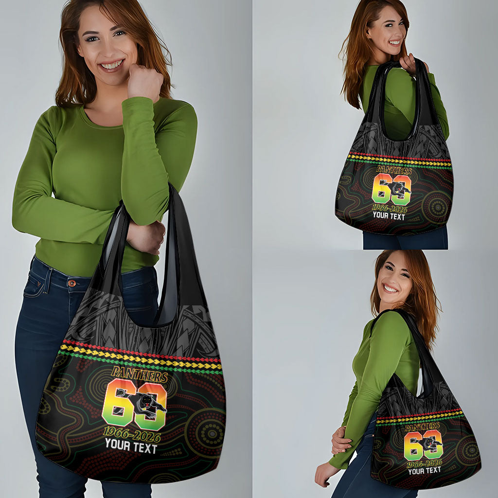 Penrith Panthers Rugby Custom Grocery Bag 60 Years Anniversary Black Polynesian Aboriginal Art
