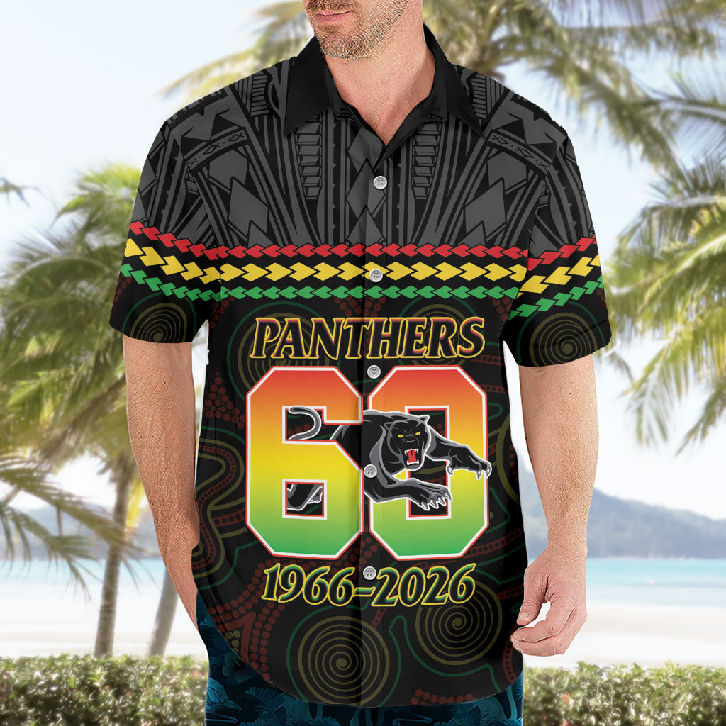 Penrith Panthers Rugby Custom Hawaiian Shirt 60 Years Anniversary Black Polynesian Aboriginal Art