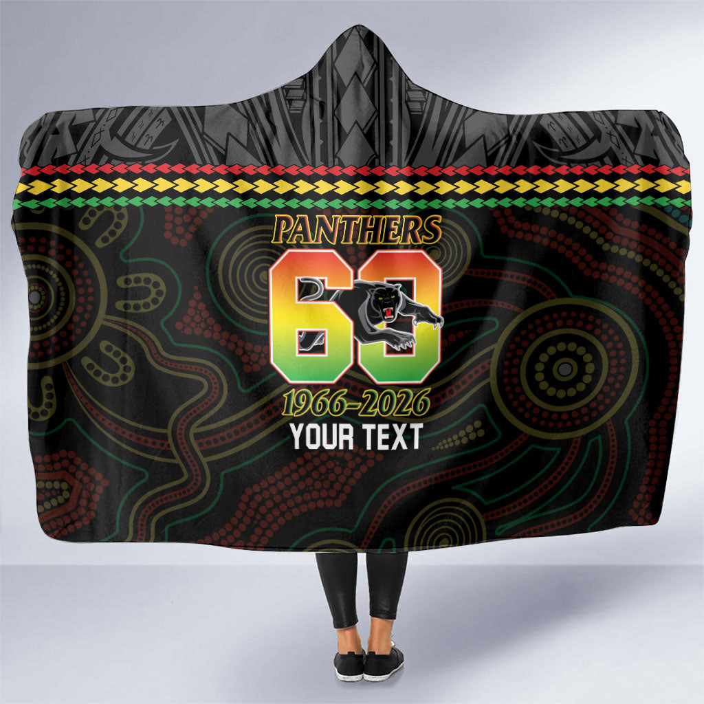 Penrith Panthers Rugby Custom Hooded Blanket 60 Years Anniversary Black Polynesian Aboriginal Art