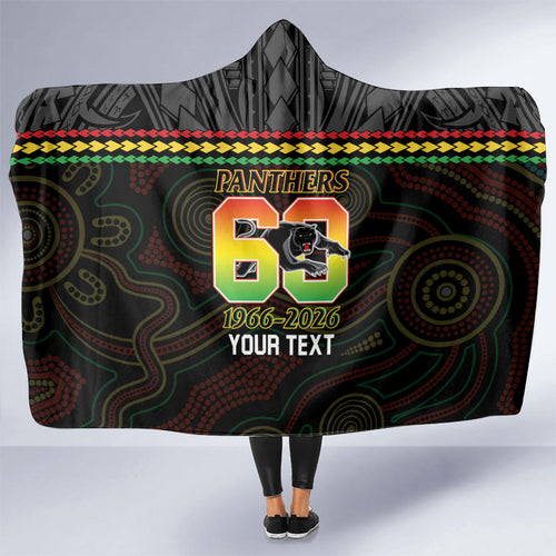 Penrith Panthers Rugby Custom Hooded Blanket 60 Years Anniversary Black Polynesian Aboriginal Art