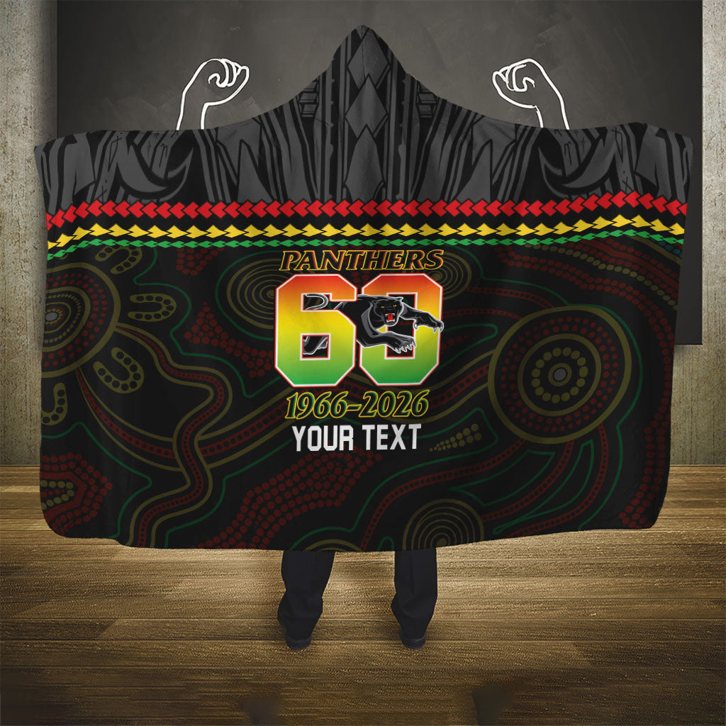 Penrith Panthers Rugby Custom Hooded Blanket 60 Years Anniversary Black Polynesian Aboriginal Art