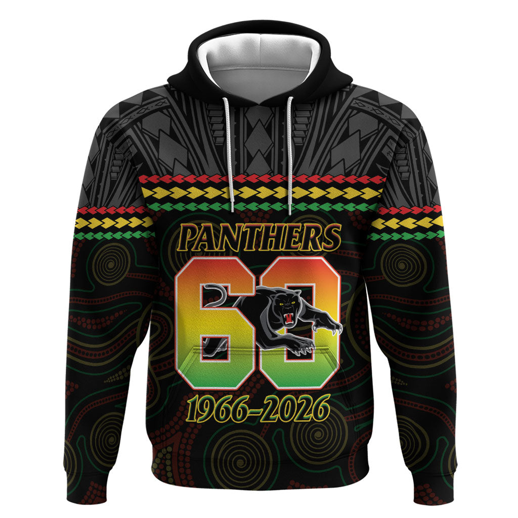 Penrith Panthers Rugby Custom Hoodie 60 Years Anniversary Black Polynesian Aboriginal Art