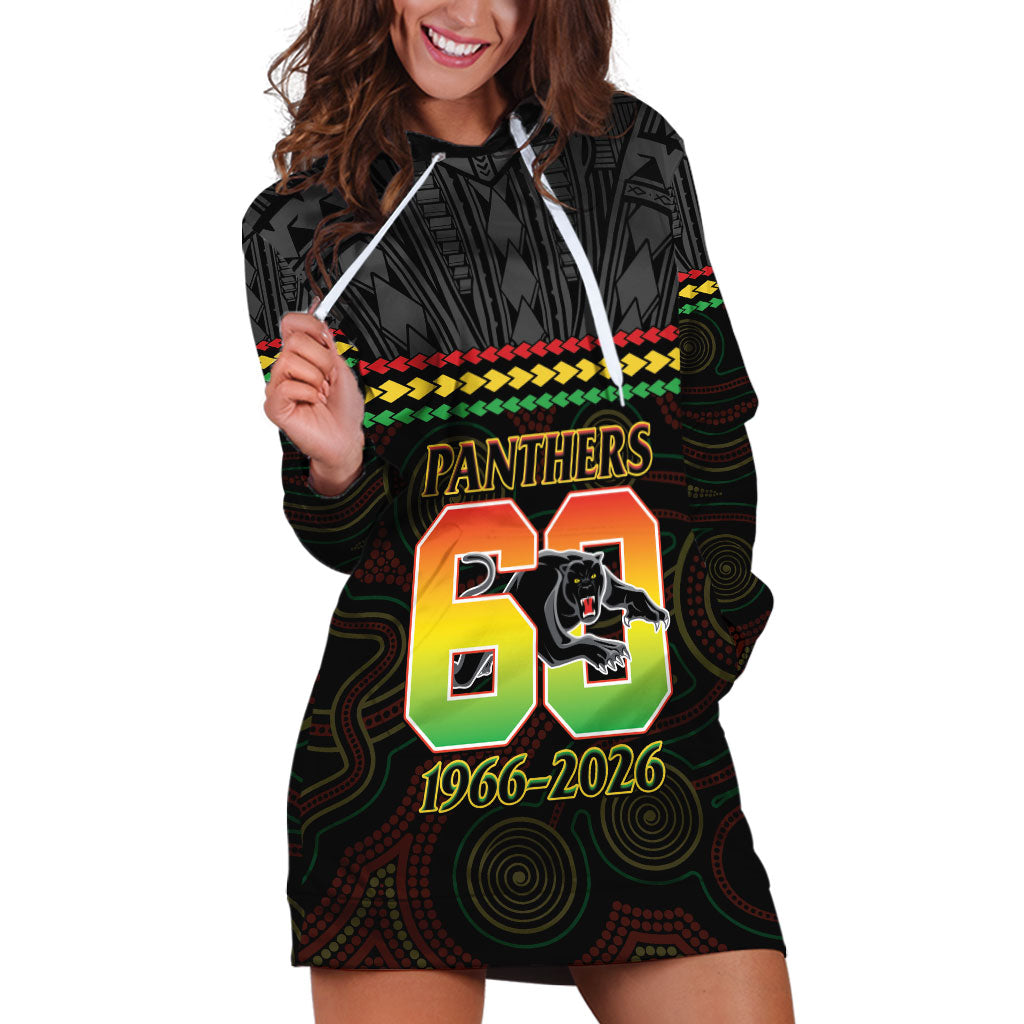 Penrith Panthers Rugby Custom Hoodie Dress 60 Years Anniversary Black Polynesian Aboriginal Art