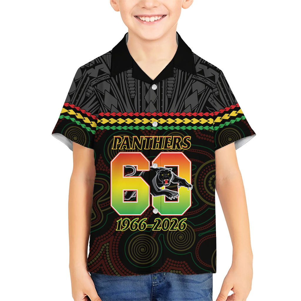 Penrith Panthers Rugby Custom Kid Hawaiian Shirt 60 Years Anniversary Black Polynesian Aboriginal Art