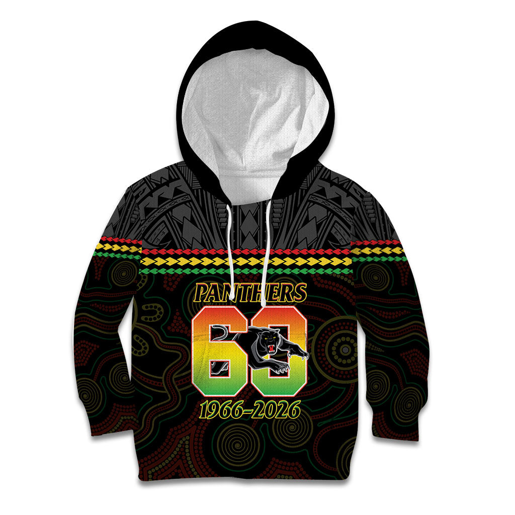 Penrith Panthers Rugby Custom Kid Hoodie 60 Years Anniversary Black Polynesian Aboriginal Art
