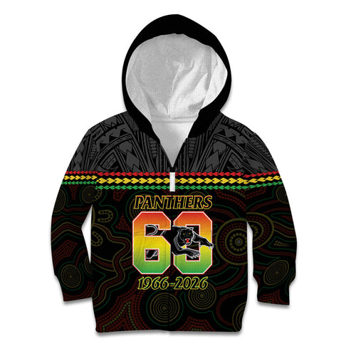 Penrith Panthers Rugby Custom Kid Hoodie 60 Years Anniversary Black Polynesian Aboriginal Art