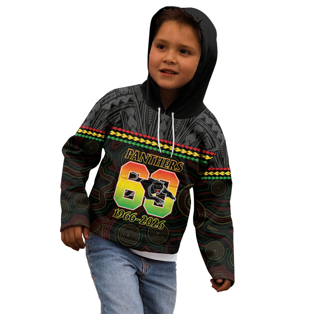 Penrith Panthers Rugby Custom Kid Hoodie 60 Years Anniversary Black Polynesian Aboriginal Art