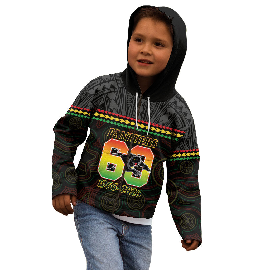Penrith Panthers Rugby Custom Kid Hoodie 60 Years Anniversary Black Polynesian Aboriginal Art