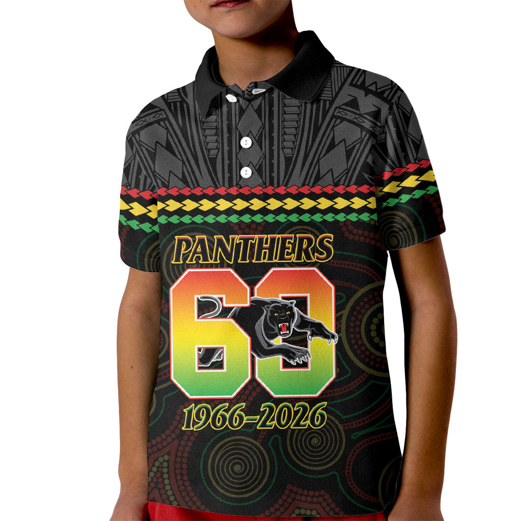 Penrith Panthers Rugby Custom Kid Polo Shirt 60 Years Anniversary Black Polynesian Aboriginal Art
