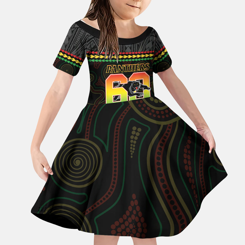 Penrith Panthers Rugby Custom Kid Short Sleeve Dress 60 Years Anniversary Black Polynesian Aboriginal Art