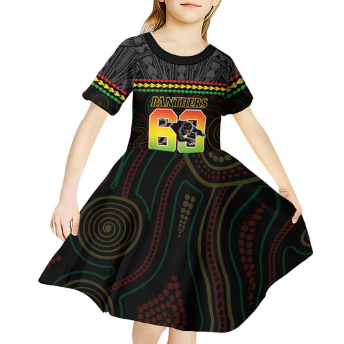 Penrith Panthers Rugby Custom Kid Short Sleeve Dress 60 Years Anniversary Black Polynesian Aboriginal Art