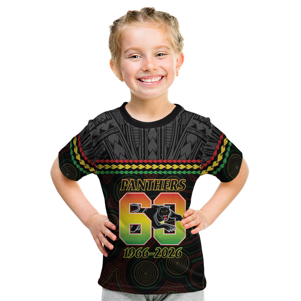 Penrith Panthers Rugby Custom Kid T Shirt 60 Years Anniversary Black Polynesian Aboriginal Art