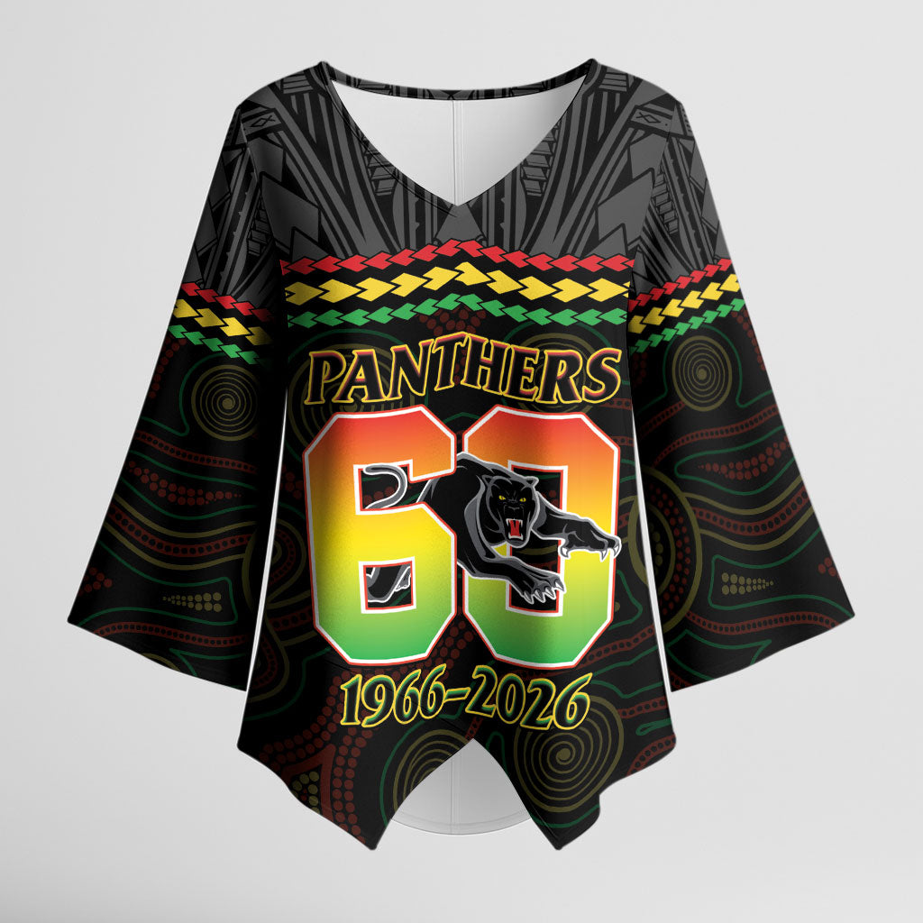 Penrith Panthers Rugby Custom Kimono Sleeve Blouse 60 Years Anniversary Black Polynesian Aboriginal Art