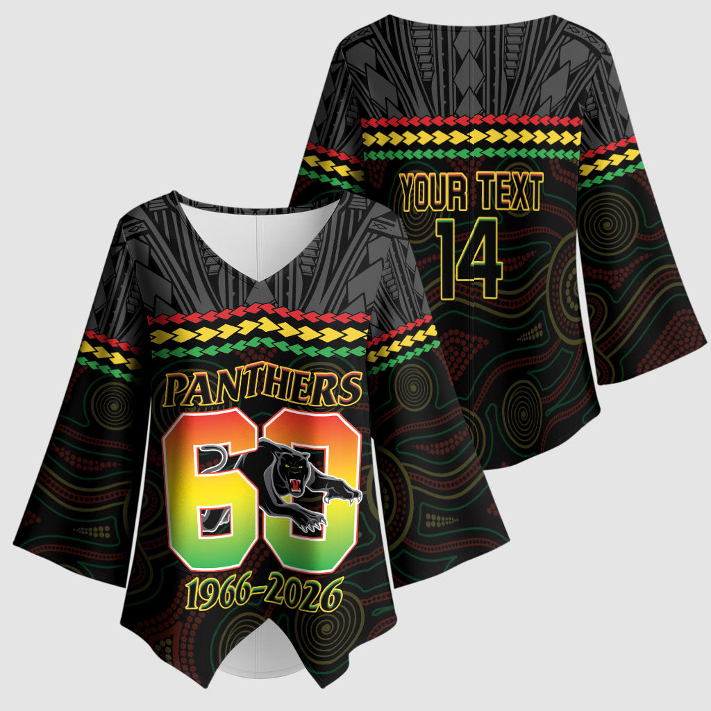 Penrith Panthers Rugby Custom Kimono Sleeve Blouse 60 Years Anniversary Black Polynesian Aboriginal Art
