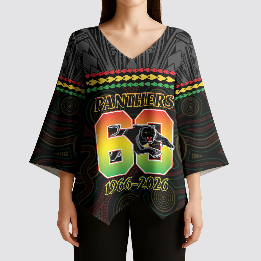 Penrith Panthers Rugby Custom Kimono Sleeve Blouse 60 Years Anniversary Black Polynesian Aboriginal Art