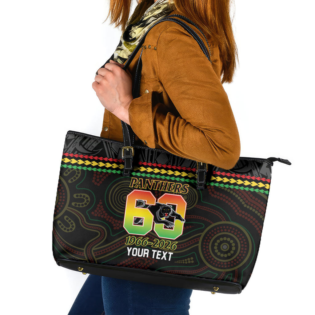 Penrith Panthers Rugby Custom Leather Tote Bag 60 Years Anniversary Black Polynesian Aboriginal Art