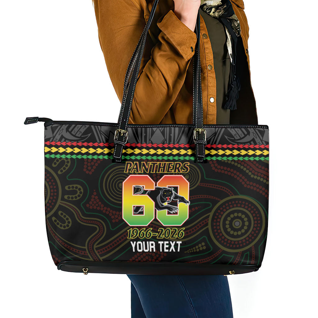 Penrith Panthers Rugby Custom Leather Tote Bag 60 Years Anniversary Black Polynesian Aboriginal Art