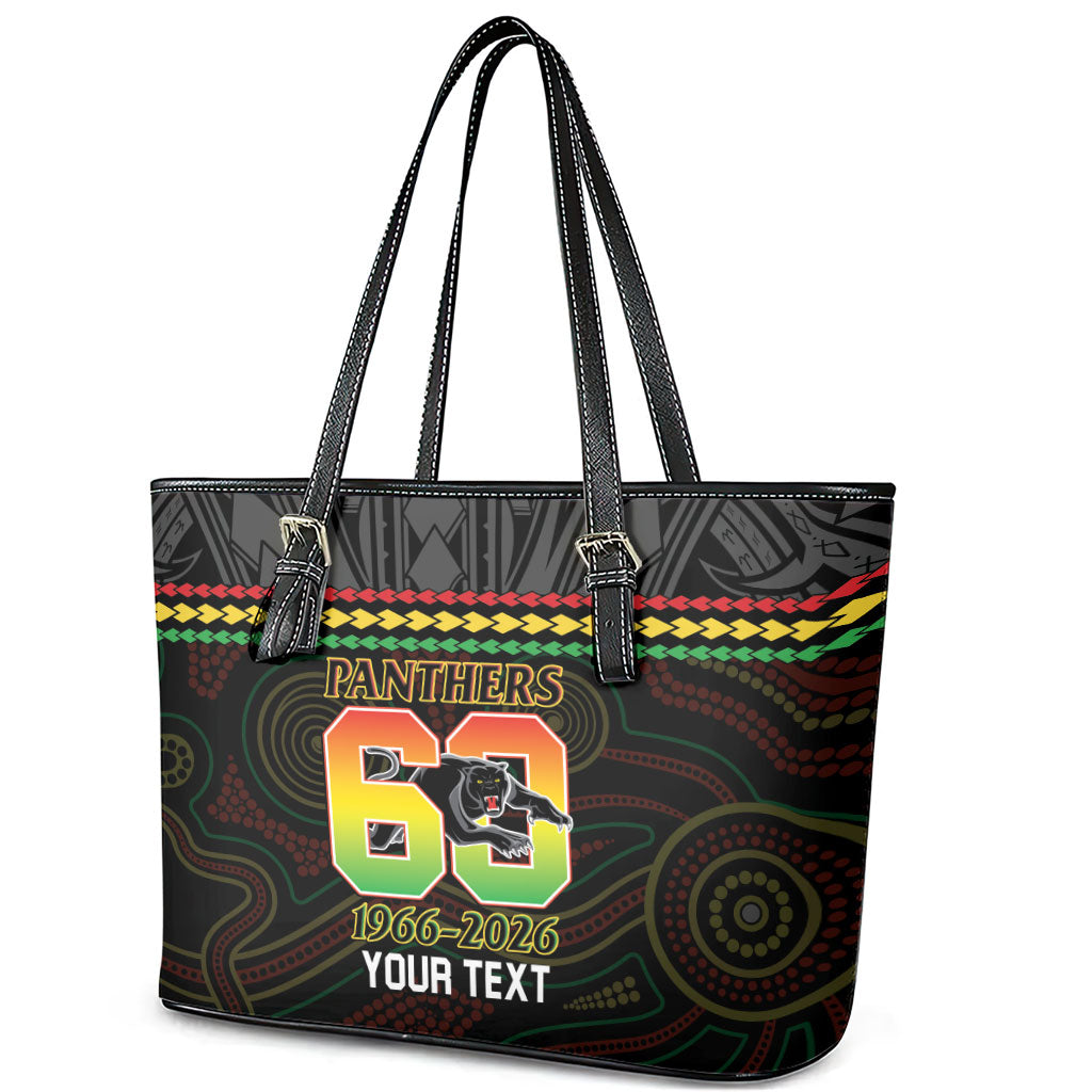 Penrith Panthers Rugby Custom Leather Tote Bag 60 Years Anniversary Black Polynesian Aboriginal Art