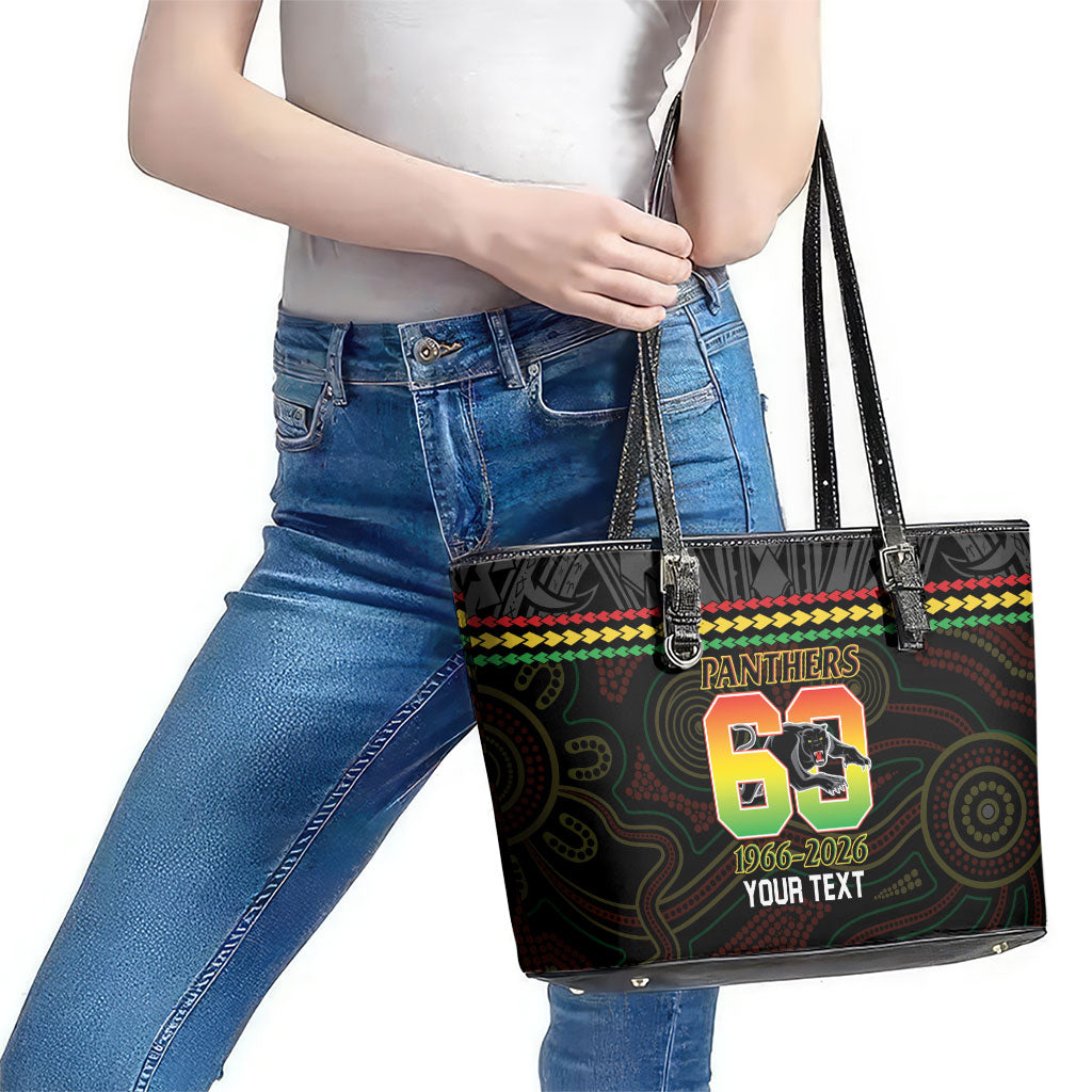Penrith Panthers Rugby Custom Leather Tote Bag 60 Years Anniversary Black Polynesian Aboriginal Art
