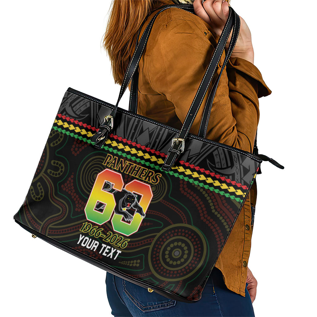 Penrith Panthers Rugby Custom Leather Tote Bag 60 Years Anniversary Black Polynesian Aboriginal Art