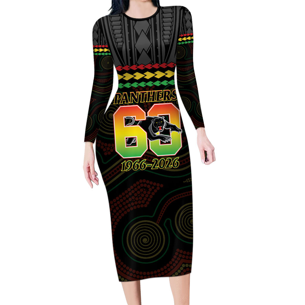 Penrith Panthers Rugby Custom Long Sleeve Bodycon Dress 60 Years Anniversary Black Polynesian Aboriginal Art