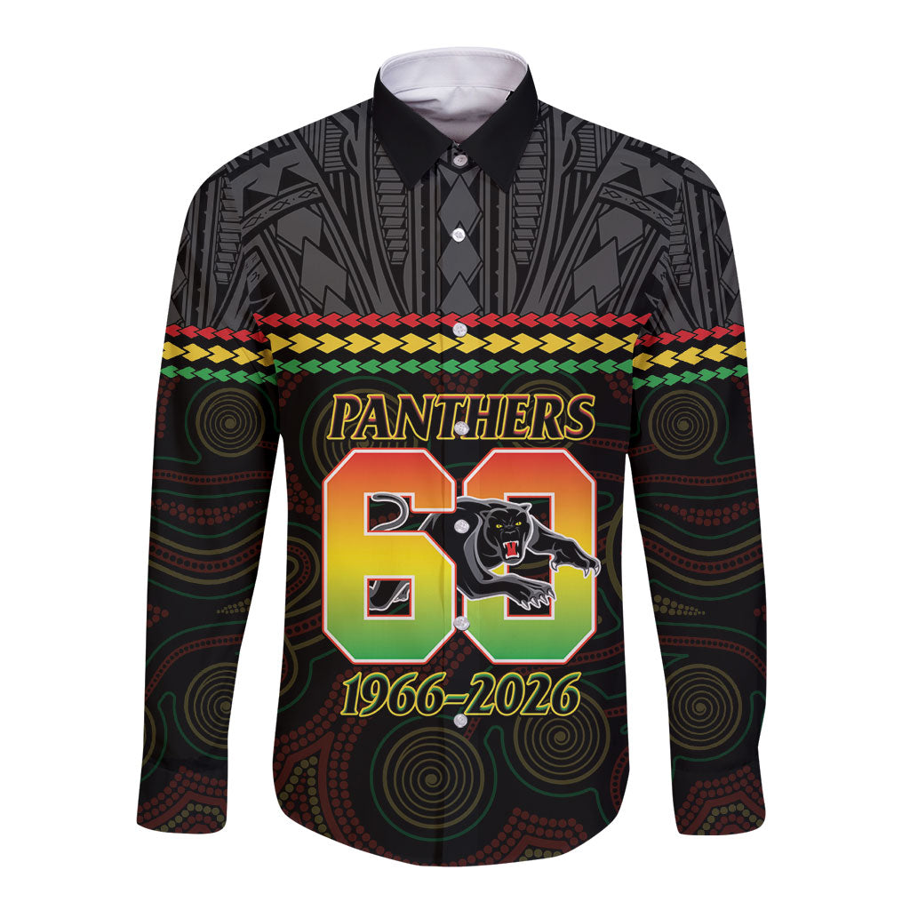 Penrith Panthers Rugby Custom Long Sleeve Button Shirt 60 Years Anniversary Black Polynesian Aboriginal Art