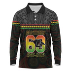Penrith Panthers Rugby Custom Long Sleeve Polo Shirt 60 Years Anniversary Black Polynesian Aboriginal Art