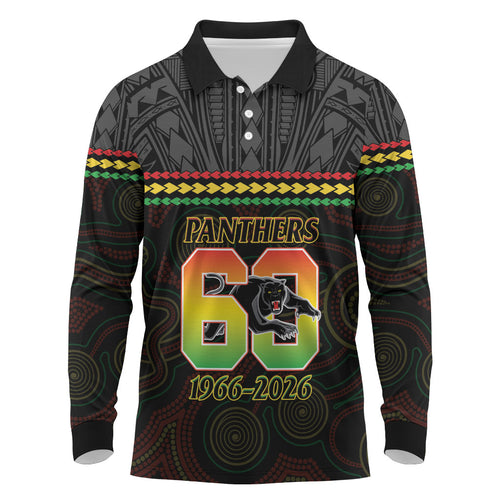 Penrith Panthers Rugby Custom Long Sleeve Polo Shirt 60 Years Anniversary Black Polynesian Aboriginal Art