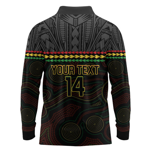 Penrith Panthers Rugby Custom Long Sleeve Polo Shirt 60 Years Anniversary Black Polynesian Aboriginal Art