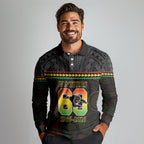 Penrith Panthers Rugby Custom Long Sleeve Polo Shirt 60 Years Anniversary Black Polynesian Aboriginal Art