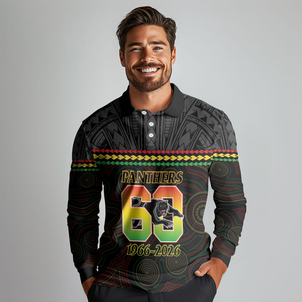 Penrith Panthers Rugby Custom Long Sleeve Polo Shirt 60 Years Anniversary Black Polynesian Aboriginal Art
