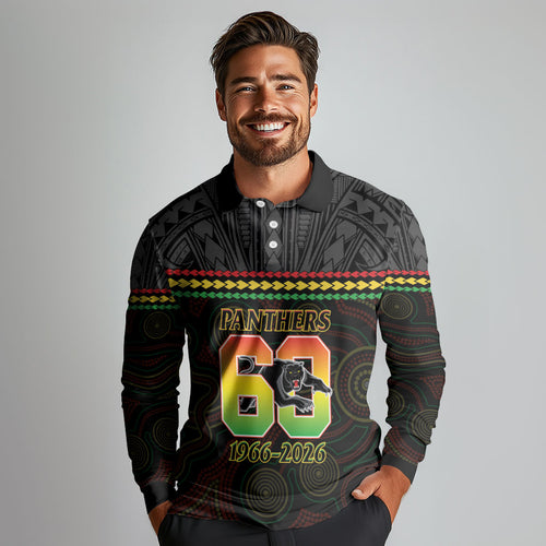 Penrith Panthers Rugby Custom Long Sleeve Polo Shirt 60 Years Anniversary Black Polynesian Aboriginal Art
