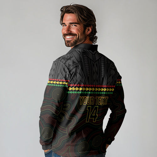 Penrith Panthers Rugby Custom Long Sleeve Polo Shirt 60 Years Anniversary Black Polynesian Aboriginal Art