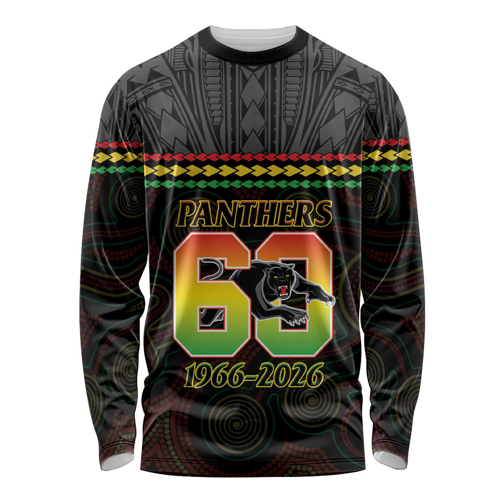 Penrith Panthers Rugby Custom Long Sleeve Shirt 60 Years Anniversary Black Polynesian Aboriginal Art