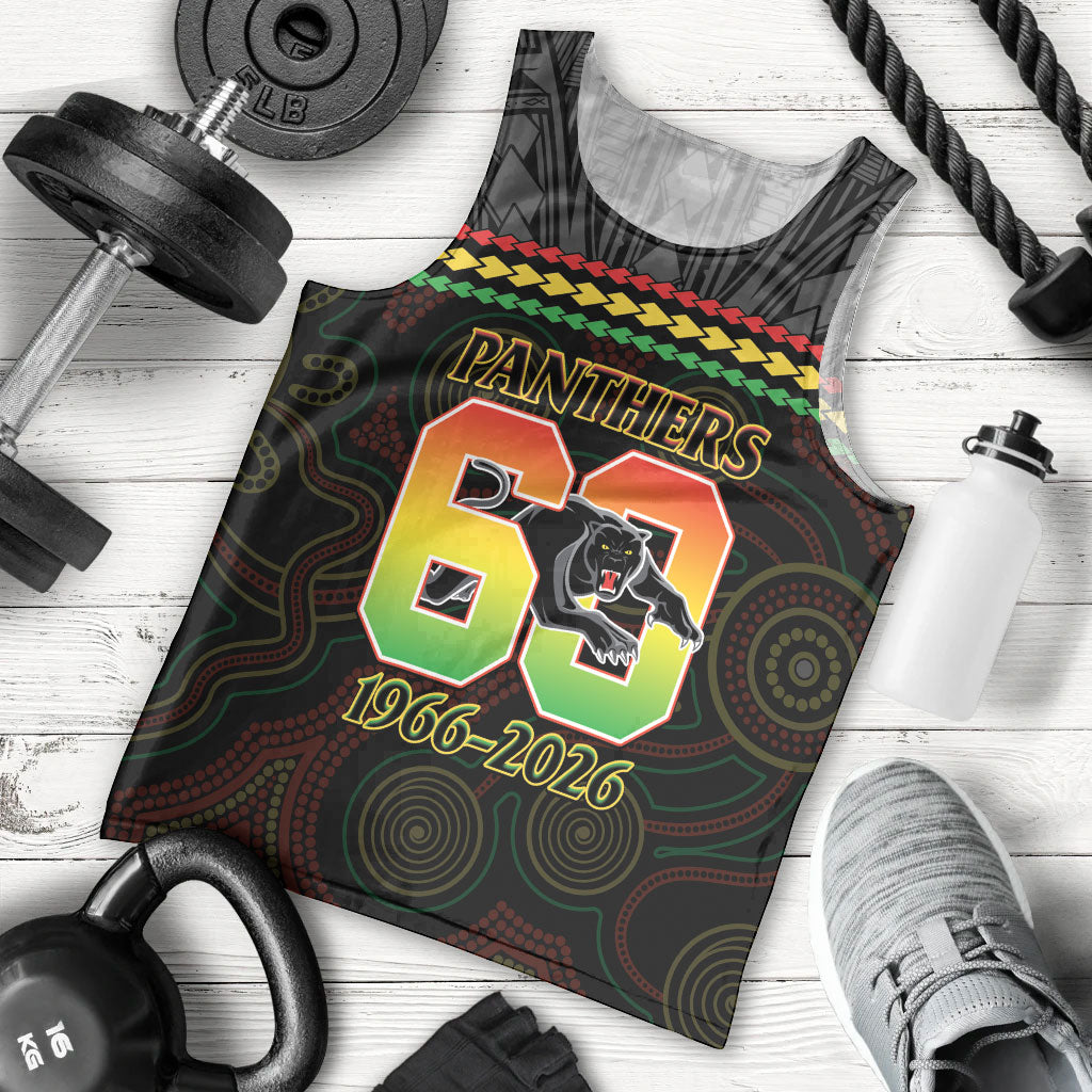 Penrith Panthers Rugby Custom Men Tank Top 60 Years Anniversary Black Polynesian Aboriginal Art