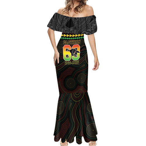 Penrith Panthers Rugby Custom Mermaid Dress 60 Years Anniversary Black Polynesian Aboriginal Art