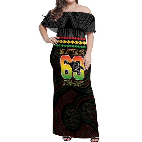 Penrith Panthers Rugby Custom Off Shoulder Maxi Dress 60 Years Anniversary Black Polynesian Aboriginal Art