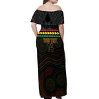 Penrith Panthers Rugby Custom Off Shoulder Maxi Dress 60 Years Anniversary Black Polynesian Aboriginal Art