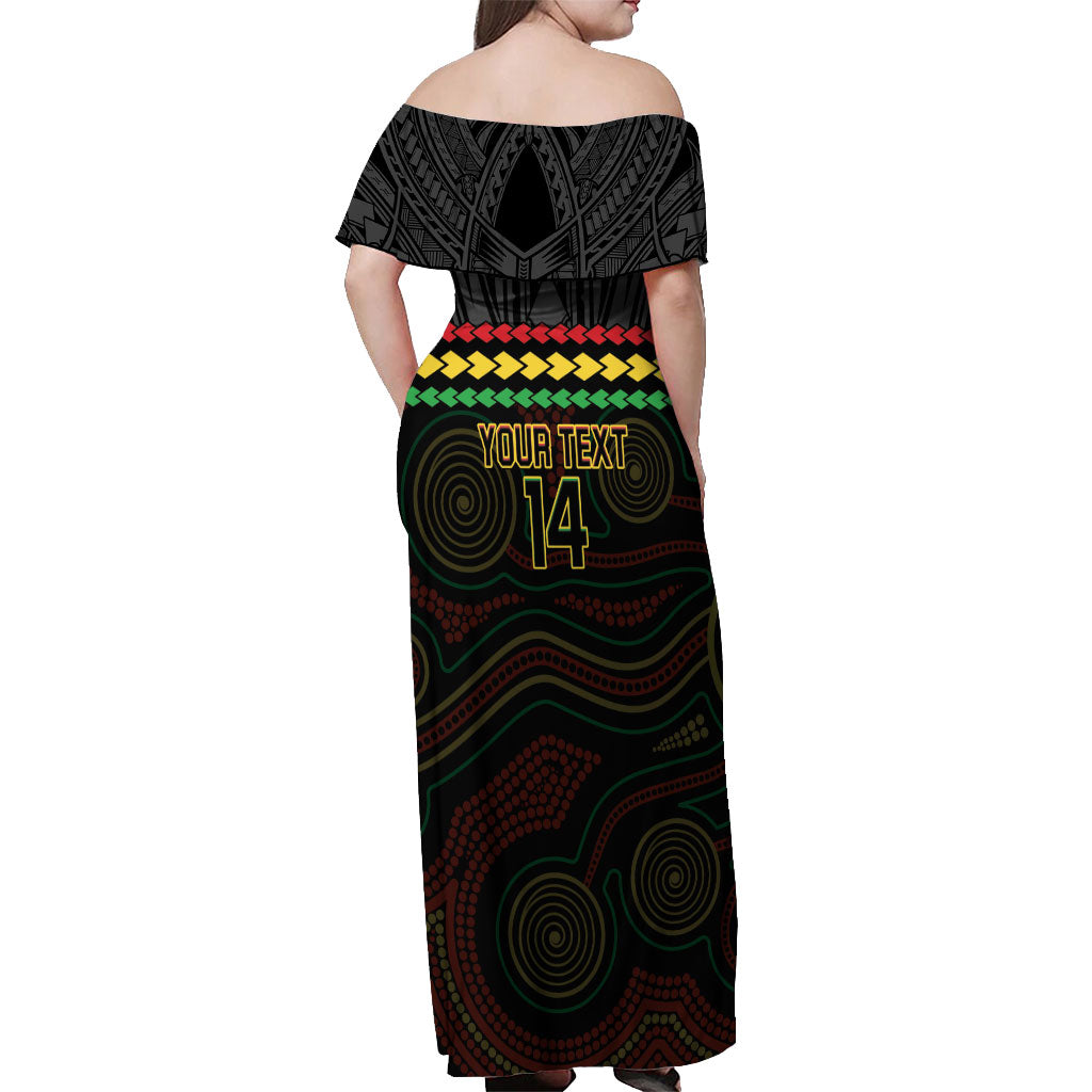 Penrith Panthers Rugby Custom Off Shoulder Maxi Dress 60 Years Anniversary Black Polynesian Aboriginal Art