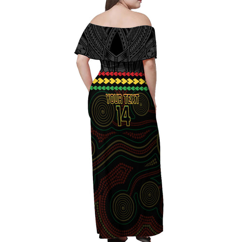 Penrith Panthers Rugby Custom Off Shoulder Maxi Dress 60 Years Anniversary Black Polynesian Aboriginal Art