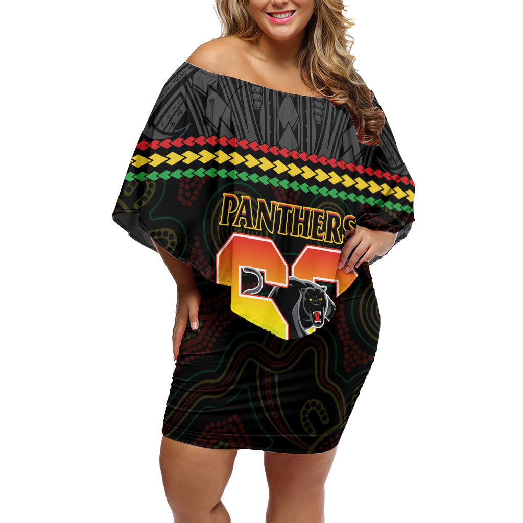Penrith Panthers Rugby Custom Off Shoulder Short Dress 60 Years Anniversary Black Polynesian Aboriginal Art