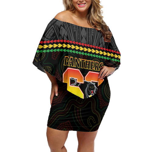 Penrith Panthers Rugby Custom Off Shoulder Short Dress 60 Years Anniversary Black Polynesian Aboriginal Art