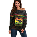 Penrith Panthers Rugby Custom Off Shoulder Sweater 60 Years Anniversary Black Polynesian Aboriginal Art