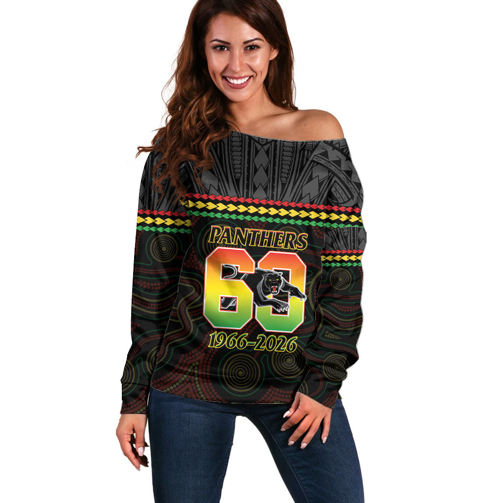 Penrith Panthers Rugby Custom Off Shoulder Sweater 60 Years Anniversary Black Polynesian Aboriginal Art