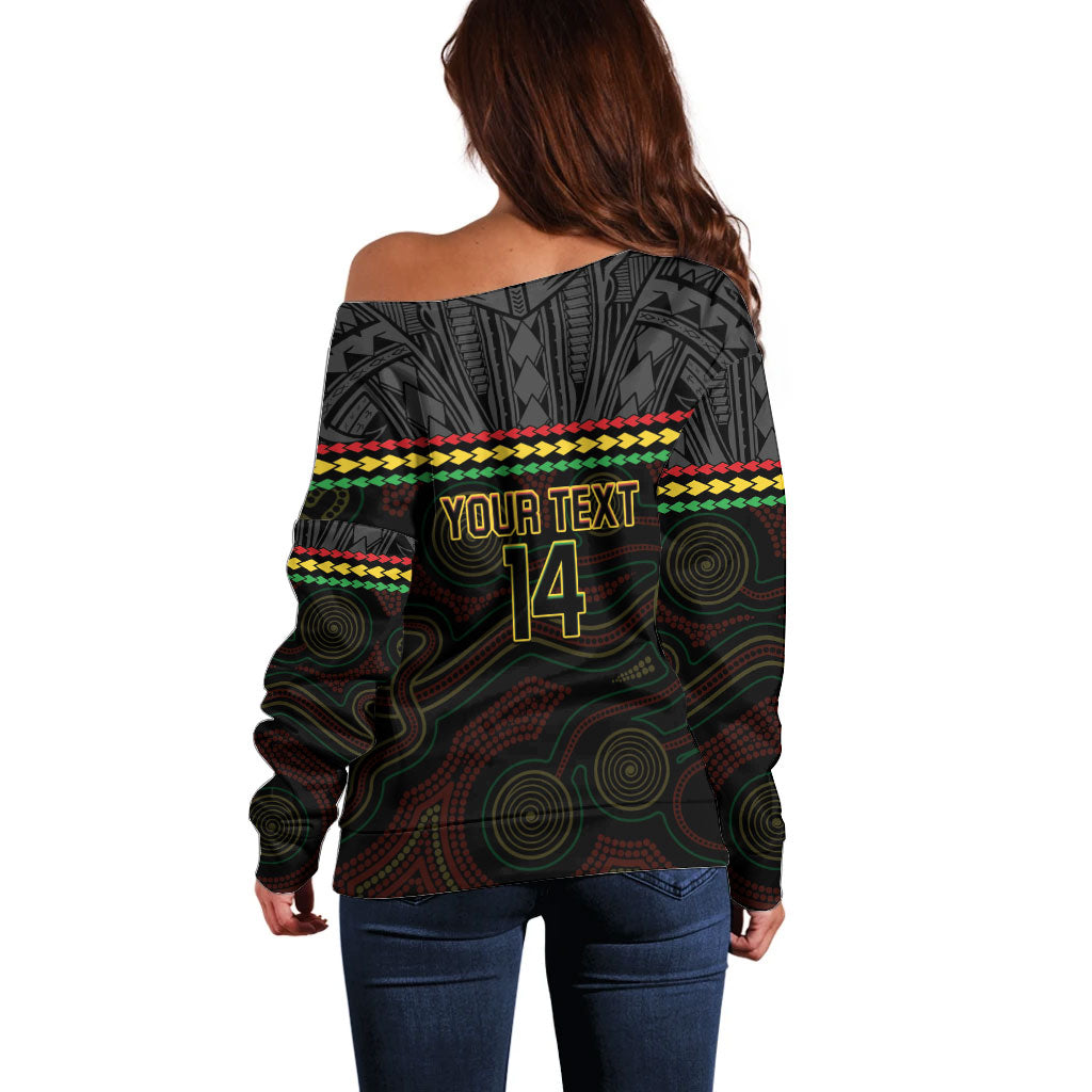 Penrith Panthers Rugby Custom Off Shoulder Sweater 60 Years Anniversary Black Polynesian Aboriginal Art
