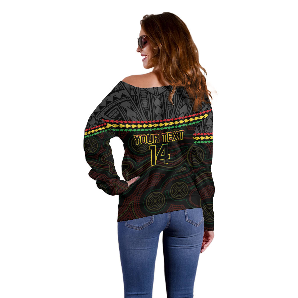 Penrith Panthers Rugby Custom Off Shoulder Sweater 60 Years Anniversary Black Polynesian Aboriginal Art