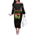 Penrith Panthers Rugby Custom Off The Shoulder Long Sleeve Dress 60 Years Anniversary Black Polynesian Aboriginal Art