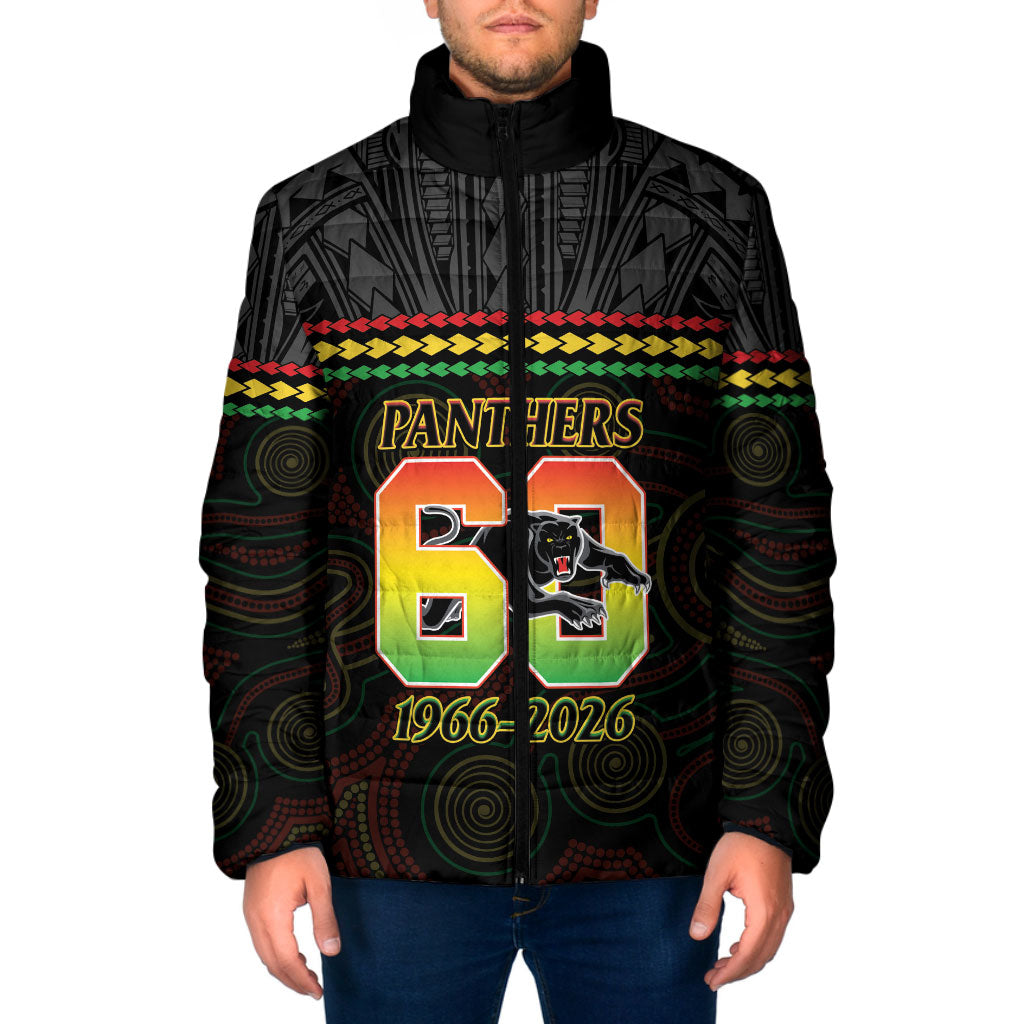 Penrith Panthers Rugby Custom Padded Jacket 60 Years Anniversary Black Polynesian Aboriginal Art