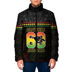 Penrith Panthers Rugby Custom Padded Jacket 60 Years Anniversary Black Polynesian Aboriginal Art